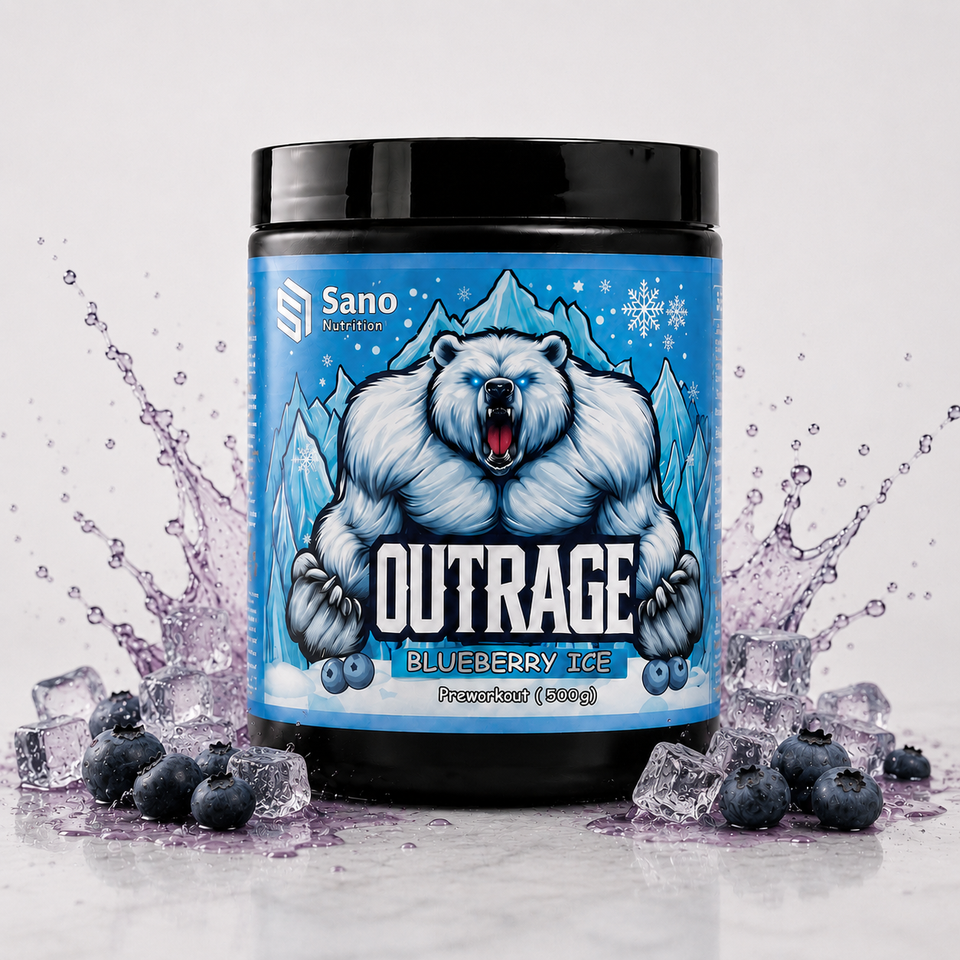 OUTRAGE Blueberry Ice pre-workout van Sano Nutrition met blauwe bessen en ijs