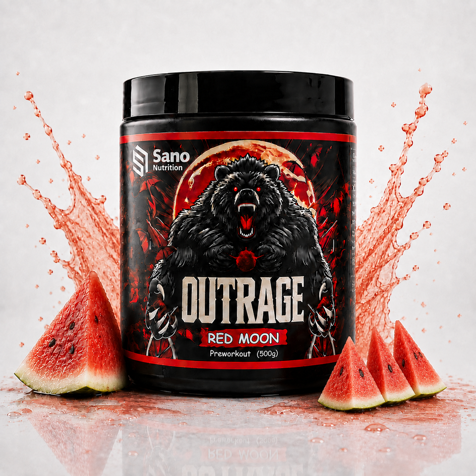 OUTRAGE Red Moon pre-workout van Sano Nutrition met watermeloen